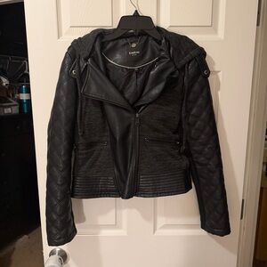 Bebe Quilted Black Faux Leather Hooded Moto Jacket Size M Great Condition